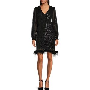LDT Kyla Novelty Feather Trim V-Neck Sequins Sheath Dress